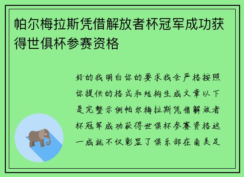 帕尔梅拉斯凭借解放者杯冠军成功获得世俱杯参赛资格